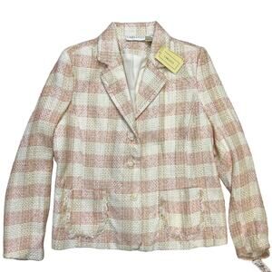 Carlucci Womens Blazer Size L Pink White Check Tweed Raw Hem Gold NEW